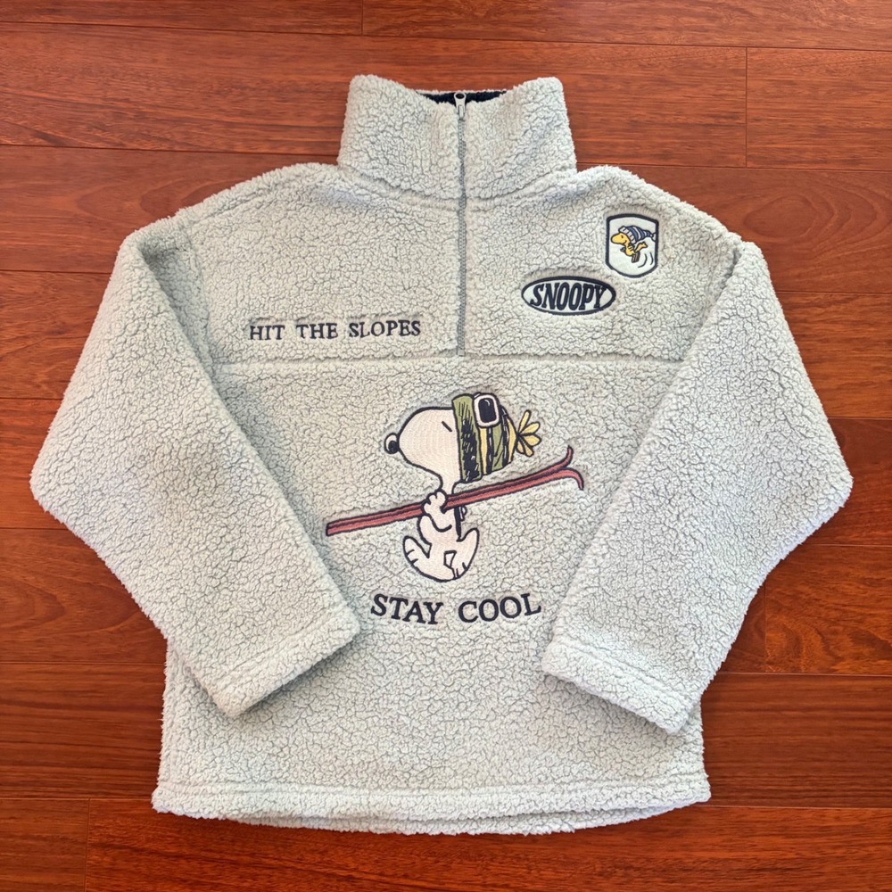 Peanuts Snoopy Mens Sherpa Fleece Quarter Zip Pullover Blue Skiing Large L